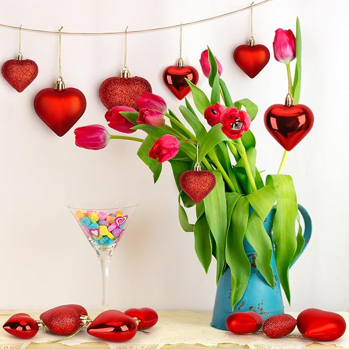 24PCS Heart Shaped Ornaments, Red Heart Shaped Ornaments, Valentines Heart Hanging Ornaments in 2 Sizes, Glossy Heart Baubles for Valentines Wedding Christmas Tree Party Decorations