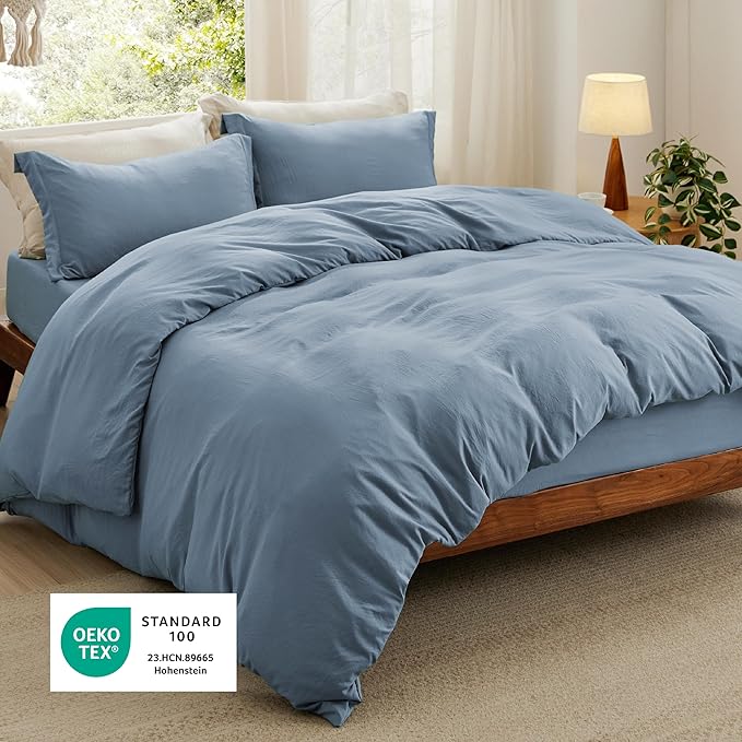 Bedsure Duvet Cover Queen Size with Fitted Sheet - 4 Pieces Prewashed Cotton-Like Polyester Extra Soft Bedding Set, Includes 1 Duvet Cover 90x90 Inches, 2 Pillow Shams, 1 Fitted Sheet, Mineral Blue