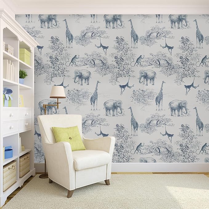 Animal Pattern Peel and Stick Wallpaper - 17.5"x500" Extra Long Blue White Vinyl, Self-Adhesive Removable Wallpaper for Kids Room, Furniture - DIY Friendly