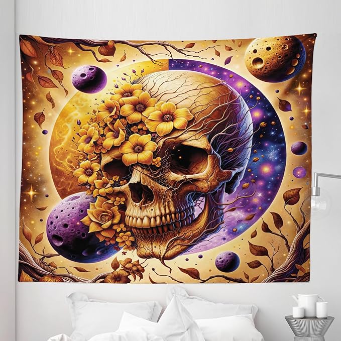 Ambesonne Trippy Tapestry King Size, Neo Traditional Floral Ornate Skull with Earthy Leaves Space Scenario, Wall Hanging Bedspread Bed Cover Wall Decor, 104" X 88", Apricot Blue Violet Taupe