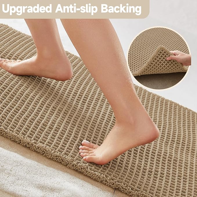 Waffle Runner Rug Bathroom, Long Boho Bathroom Rugs Non Slip Washable Super Absorbent Quick Dry Farmhouse Bath Decor, 60"x24" / 5'x2' Khaki