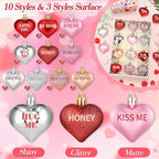 70Pcs Valentine's Day Heart Shaped Ornaments with Sweet Love Words, 10 Styles Valentine Ornaments for Tree, Red Pink Glitter Heart Shaped Valentine's Hanging Decorations for Wedding Anniversary