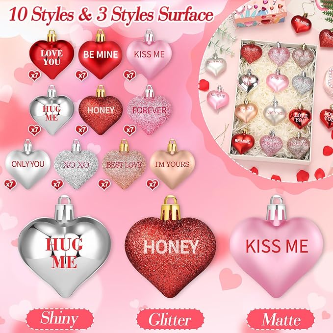 70Pcs Valentine's Day Heart Shaped Ornaments with Sweet Love Words, 10 Styles Valentine Ornaments for Tree, Red Pink Glitter Heart Shaped Valentine's Hanging Decorations for Wedding Anniversary
