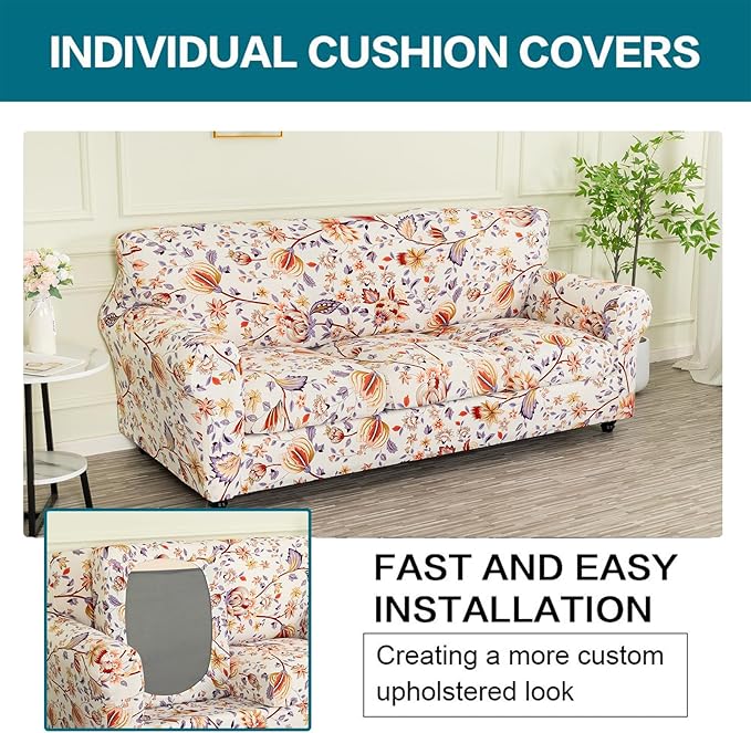 KRFOONN 4 Piece Printed Sofa Couch Cover for 3 Cushion Couches Stretch Sofa Slipcovers with 3 Separate Seat Cushion Covers Washable Furniture Protector with Elastic Bottom (Sofa, 53)