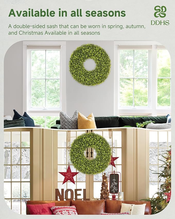 DDHS 24''Boxwood Wreaths for Front Door，Artificial Spring Wreaths for Farmhouse Wedding Green Year Round Indoor Outdoor for Fall Summer Christmas Wreath Home Decorations-Green