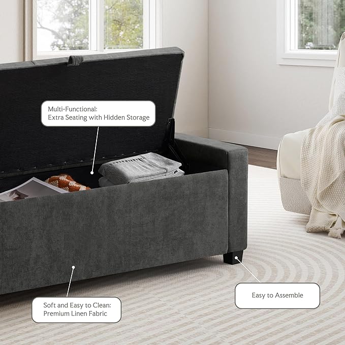 SUNWAVE Storage Ottoman Bench, Linen Fabric End of Bed Storage Bench with Button Tufted, Safety Hinge Lid, Large Ottoman for Bedroom, Living Room & Entryway
