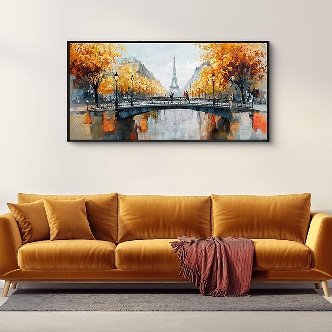 KLAKLA Black and White Canvas Wall Art for Living Room Bedroom Bathroom Orange Paris Theme Room Decor Oil Painting Print Tower Eiffel Painting for Wall Decor 20x40 Inches