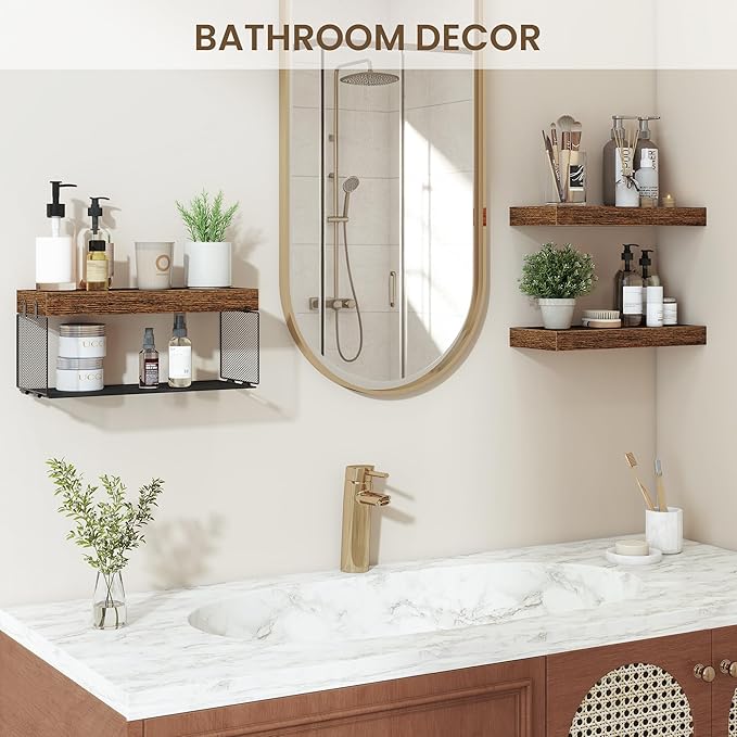 Bathroom Floating Shelves for Wall,16 inch Wall Mounted Floating Shelf Toilet Organizer and Storage,Small Farmhouse Decor Shelf,Rustic Brown,Set of 3