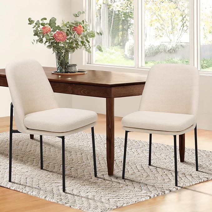 COLAMY Dining Chairs Set of 2, Modern Dining Chairs, Fabric Upholstered Dining Chairs, Kitchen Chairs with Curved Back and Metal Legs for Dining Room Kitchen Restaurant, Beige