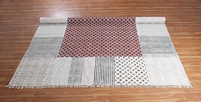 Area Rug 5x7 Kilim Rug Brown & Beige Cotton Dhurrie Geometric Design 0.19 inches Stone Easy Washable Rug Hand Wash Cotton Carpet Flatweave Rug Indoor Outdoor Rugs for Living Room, Bedroom