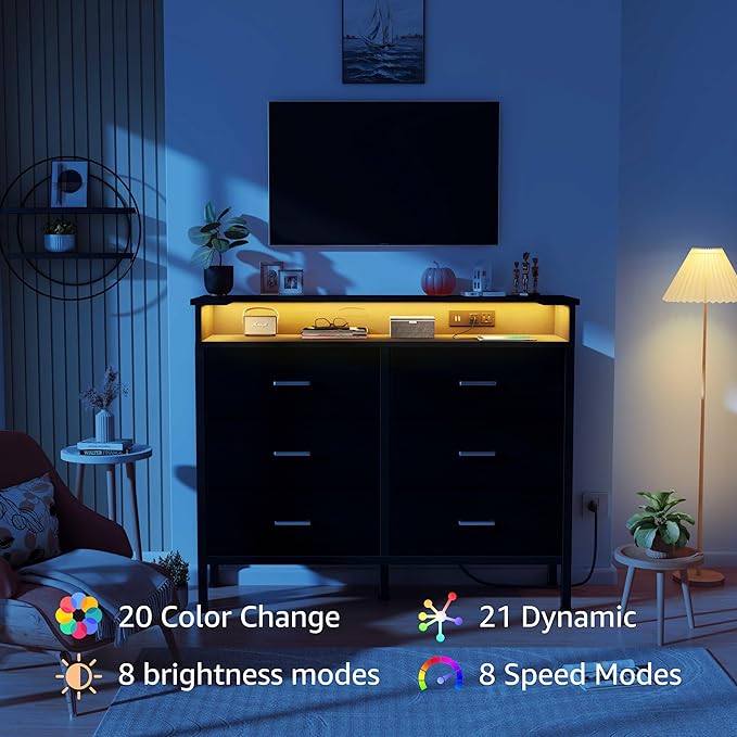 BOLUO Black Dresser with LED Light and Charging Station for Bedroom 6 Drawer Dresser with USB Outlet, Fabric Dressers & Chests of Drawers Modern