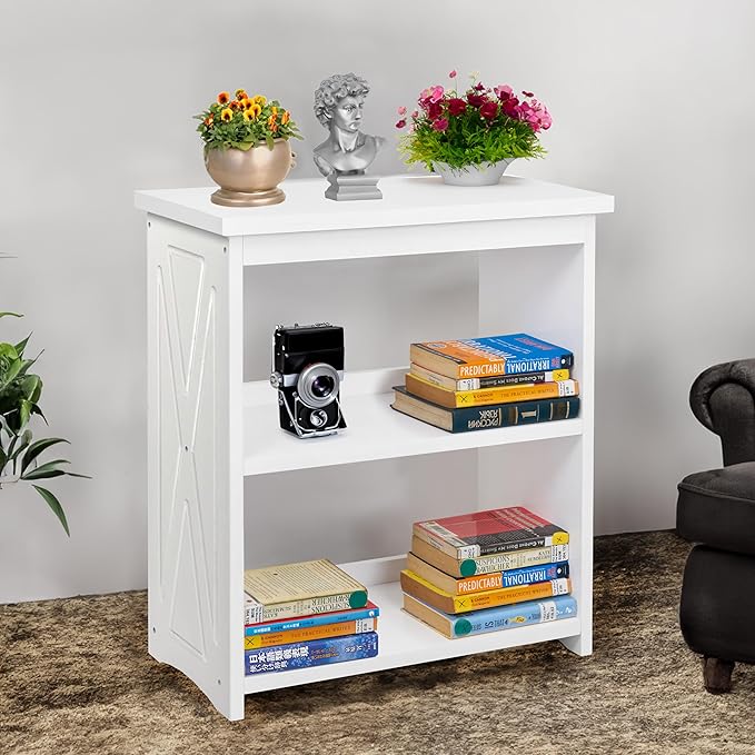 Natural Wood Bookshelf, 3 Tier Bookcase, Freestanding Display Storage Shelves Open Bookshelf for Bedroom, Living Room and Office (Brown, Open Table) (White, Table Open)