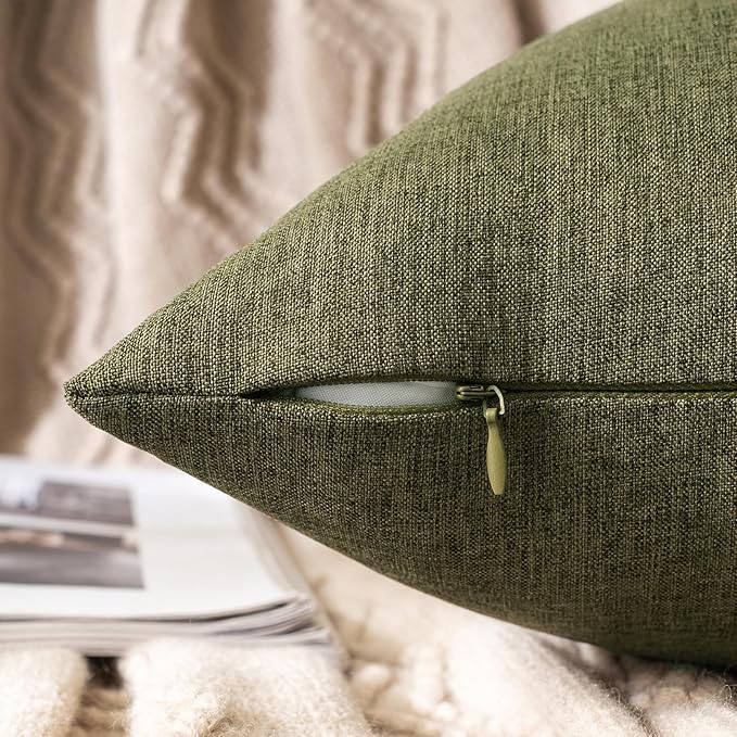 MIULEE Pack of 2 Decorative Outdoor Solid Waterproof Throw Pillow Covers Spring Faux Linen Garden Farmhouse Cushion Cases for Patio Tent Balcony Couch Sofa 16x16 Inch Olive Green