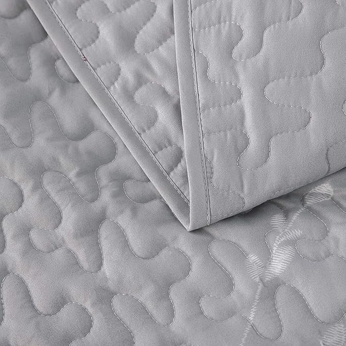 Exclusivo Mezcla Reversible Boho Quilts Queen Size, Grey Bedspreads Lightweight Coverlet All Season Flowers Quilt Bedding Set with Printed Floral Pattern (1 Quilt, 2 Pillow Shams)