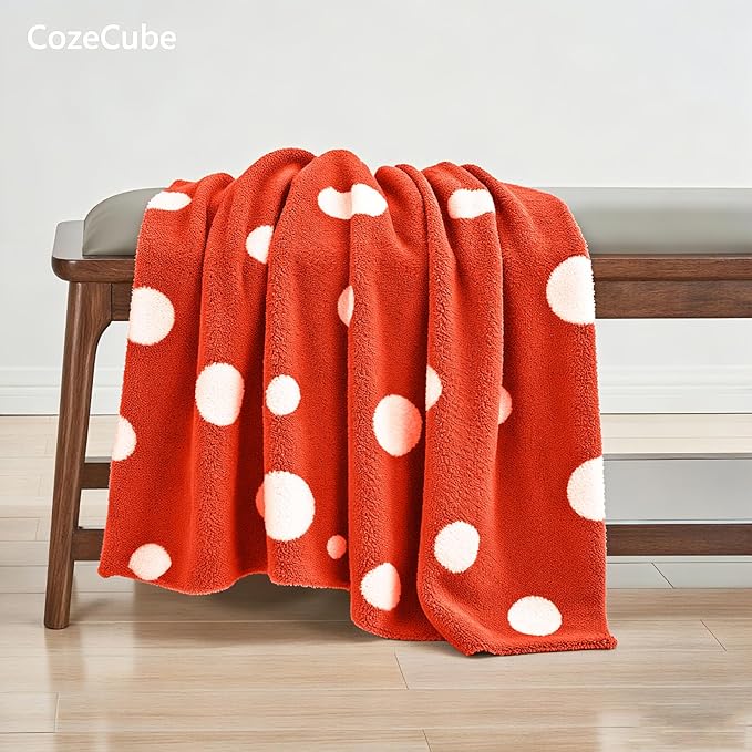 CozeCube Super Soft Fullfy Microfiber Reversible Knitted Blankets, Warm Cozy Fuzzy Plush Throw, Orange red and White Polka Dot Throw Blanket for Couch Bed Sofa, 50" x 60"