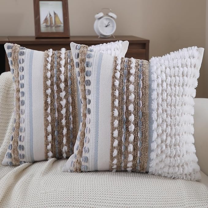 Boho Throw Pillow Covers 18x18 Set of 2 Farmhouse Decorative Couch Pillow Covers Neutral Accent Throw Pillows Covers Striped Outdoor Cushion Covers Square Textured Chenille Pillow Cases for Sofa Bed