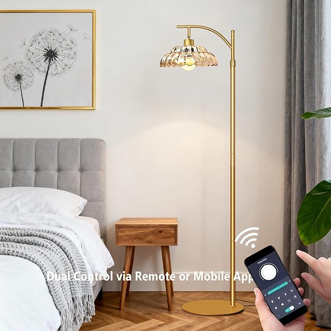 Floor Lamp with Amber Glass Shade, Dimmable Standing Lamp with Remote, Gold Floor Lamp for Living Room,Bedroom, Mid Century Tall Lamp with 12W LED Bulb
