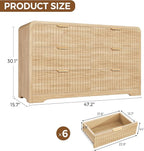 Modern 6 Drawer Dresser, 47" Wide Wood Dressers & Chests of Drawers Curved Profile Design, Mid Century Modern Fluted Dresser for Bedroom, Natural Oak