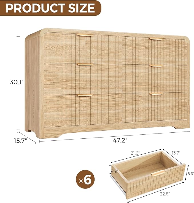 Modern 6 Drawer Dresser, 47" Wide Wood Dressers & Chests of Drawers Curved Profile Design, Mid Century Modern Fluted Dresser for Bedroom, Natural Oak