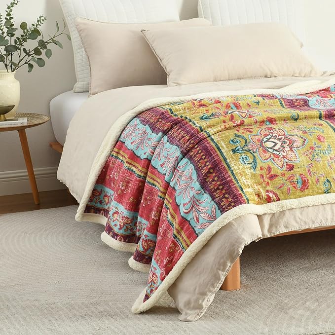 Boho Chic Sherpa Throw Blanket - Vibrant Bohemian Print & Ultra-Soft Cozy Lining, Stylish & Warm Winter Throw for Couch, Bed, or Décor