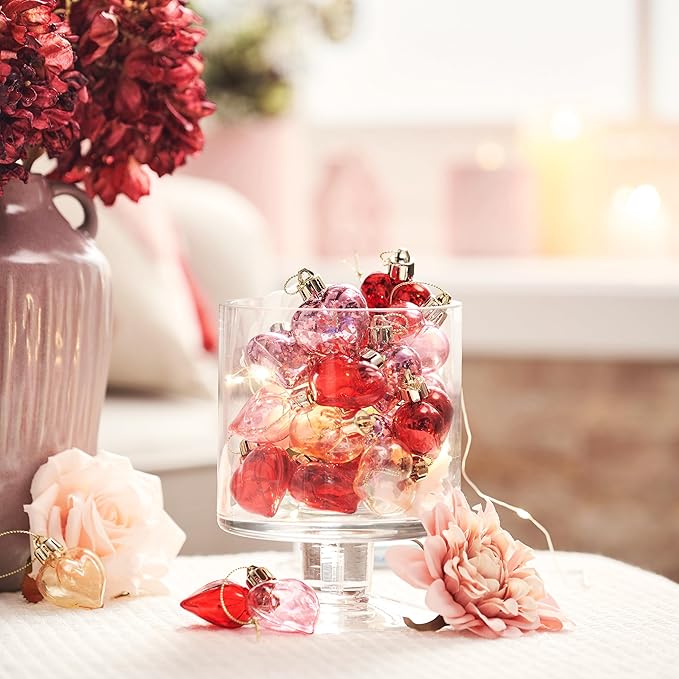 Valery Madelyn 25Pcs Valentine's Day Heart Shaped Ornaments Gift Pack, Christmas Craft Heart Decorations, Clear Transparent Red Pink Gold Christmas Baubles Hanging Party Wedding Decor