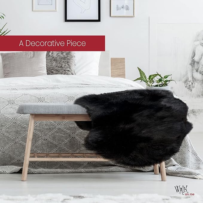 Silky Soft Faux Fur Rug, 5 ft. x 7 ft. Black Fluffy, Made in France, Sheepskin Area, Shaggy Rug for Living Room, Bedroom, Kid's Room, or Nursery, Home Décor Accent with with Non-Slip Backing