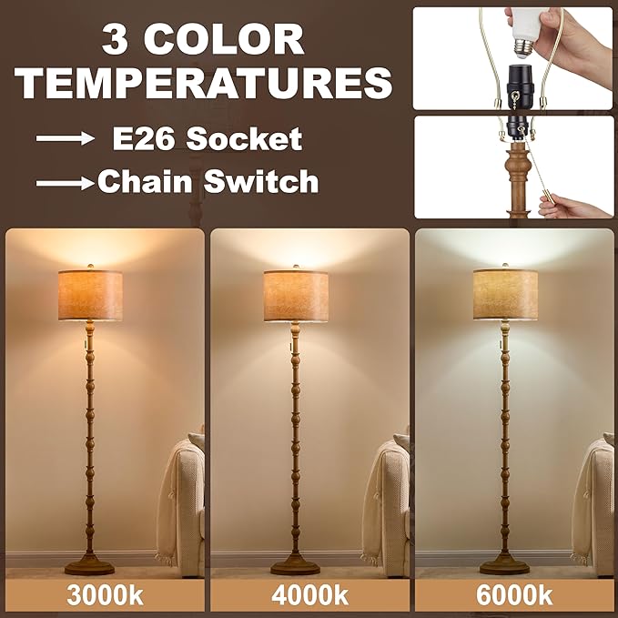 63.5'' Floor Lamps for Living Room, Farmhouse Floor Lamp for Bedroom with 3 Color Temperatures, Vintage Standing Lamps for Living Room, Living Room Light, Chain Switch, Bulb Included, Brown