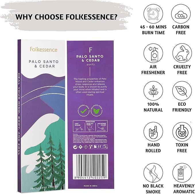 Folkulture Incense Sticks (75 Sticks) |8" Holy Palo Santo & Cedar Incense Sticks For Spritual, Inciensos para Sacar Malas Energias | No Charcoal,Organic,Non Toxic, 45 Mins, Long Burning Insence-Sticks