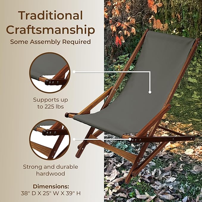 BYER OF MAINE Pangean Glider Chair – Folding Wood & Canvas Chair – Portable Outdoor Chair for Porch, Patio, or Beach in Granite