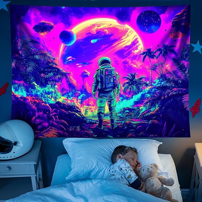 Tapestry Blacklight Space Astronaut MushroomTapestries Fantasy Forest Trippy Starry Sky Tapestry Cool Wall Hanging Neon Nature Plant Wall Hanging Decor for Bedroom 79X59 in