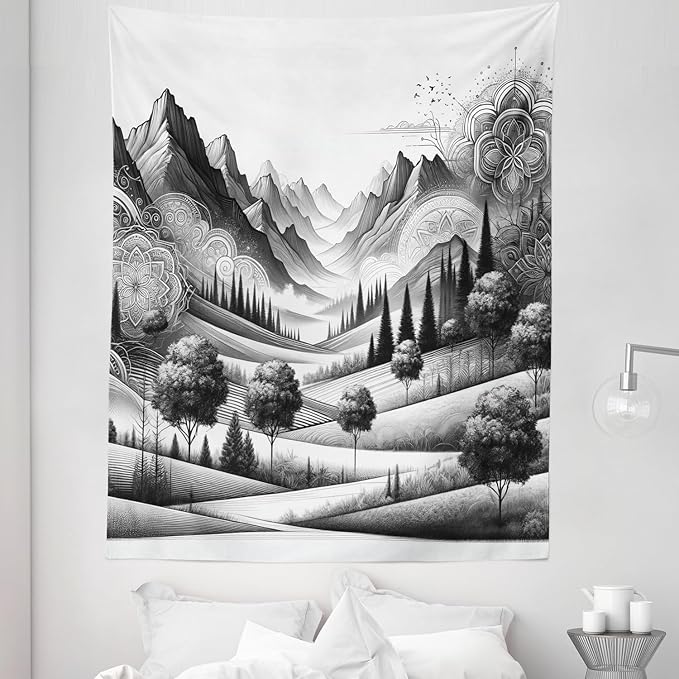 Ambesonne Mountain Tapestry Twin Size, Monochrome Art Scenic Mounts with Wooded Lands Featuring Eastern Mandala, Wall Hanging Bedspread Bed Cover Wall Decor, 68" X 88", Pale Grey Dark Taupe