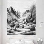 Ambesonne Mountain Tapestry Twin Size, Monochrome Art Scenic Mounts with Wooded Lands Featuring Eastern Mandala, Wall Hanging Bedspread Bed Cover Wall Decor, 68" X 88", Pale Grey Dark Taupe