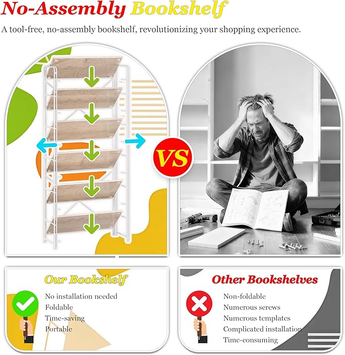 UDD Folding Bookshelf No Assembly, 65" H x 23.7" W, 6 Shelf Foldable Bookcase Industrial Collapsible Bookshelves, Open Storage Book Shelves for Small Spaces Home Office Living Room, Light Oak White