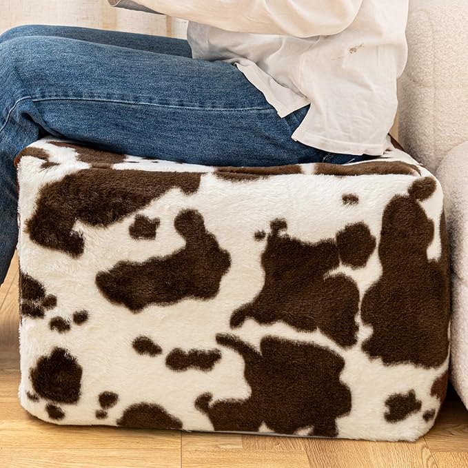 20x20x14 Inches Fluffy Square Pouf Ottoman - Plush Furry Ottoman Foot Rest Stool with High-Density Foam, Versatile Floor Seating for Living Room (Coffee Cow Print)