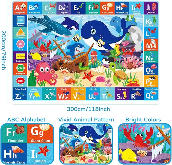 Baby Play Mat for Floor, ABC Kids Play Mat, Sea Animals Kids Rugs for Girls and Boys Playroom, Foldable Rug for Baby Toddler Infants Crawling Playing (Blue, 110.2X78.7 INCH)