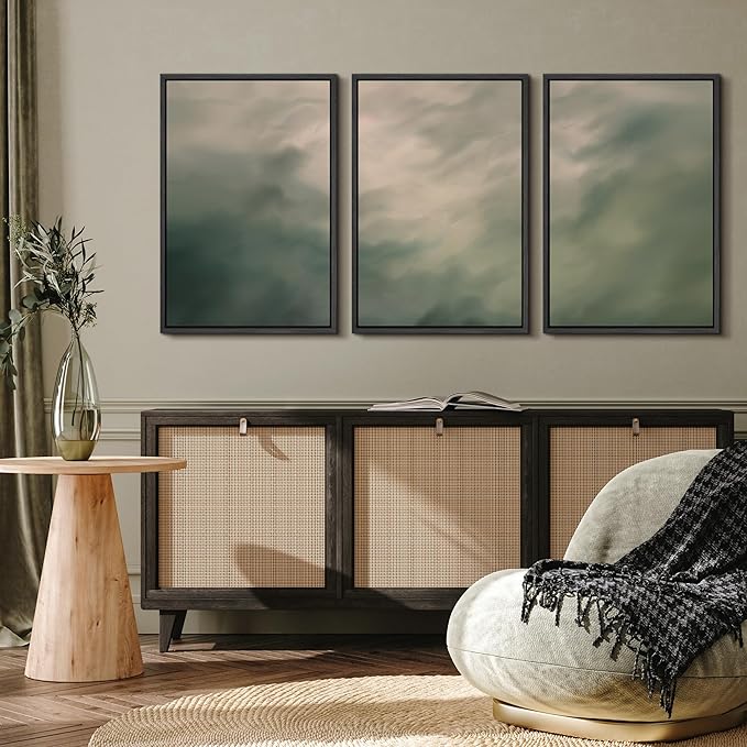 MUDECOR Framed Wall Art Print Set Soft Green Cloudscape Tranquil Abstract Nature Illustrations Modern Art Boho Decorative Colorful Chic for Living Room, Bedroom, Office - 24"x36"x3 Black
