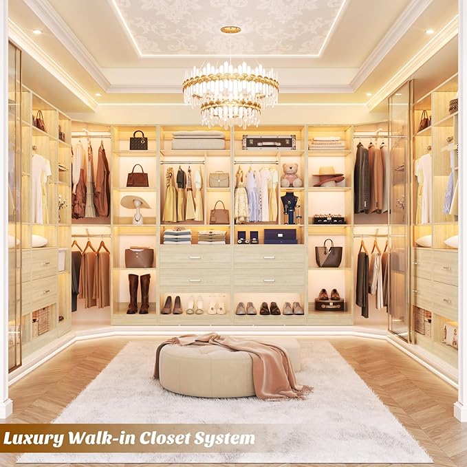 Corner Closet System with 2 Sets, 63.2" Corner Closet Organizer System with 2 Drawers + 18 Shelves + 3 Hanging Rods, Reversible L Shaped Walk-in Closets, White Oak (63.2" L x 39.2" W x 80" H)