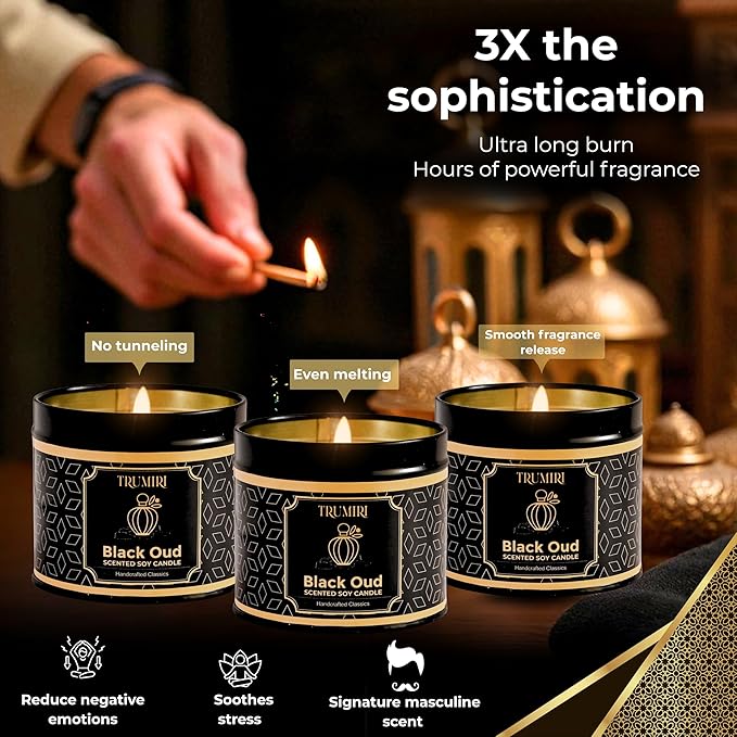 Black Oud Candle Highly Scented Soy Candel Natural Non Toxic Velas Aromáticas Gift for Men 5Oz Decorative Tin Jars with Lids Pack of 3
