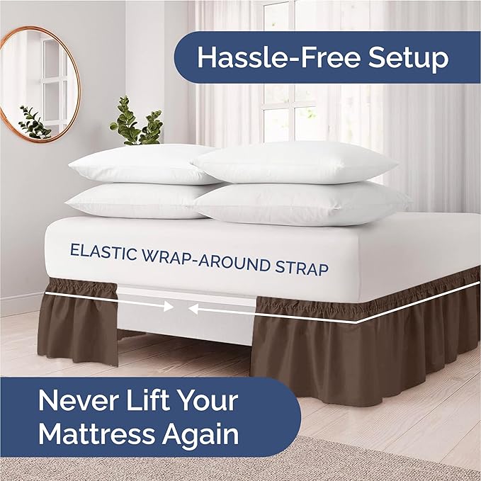 Wrap Around Dust Ruffle Bed Skirt - Brown - for King Size Beds with 21 Inch Drop - Easy Fit Elastic Strap - Adjustable Pleated Bedskirt w/Brushed Fabric - Wrinkle Free - for Women, Men, Kids & Teens