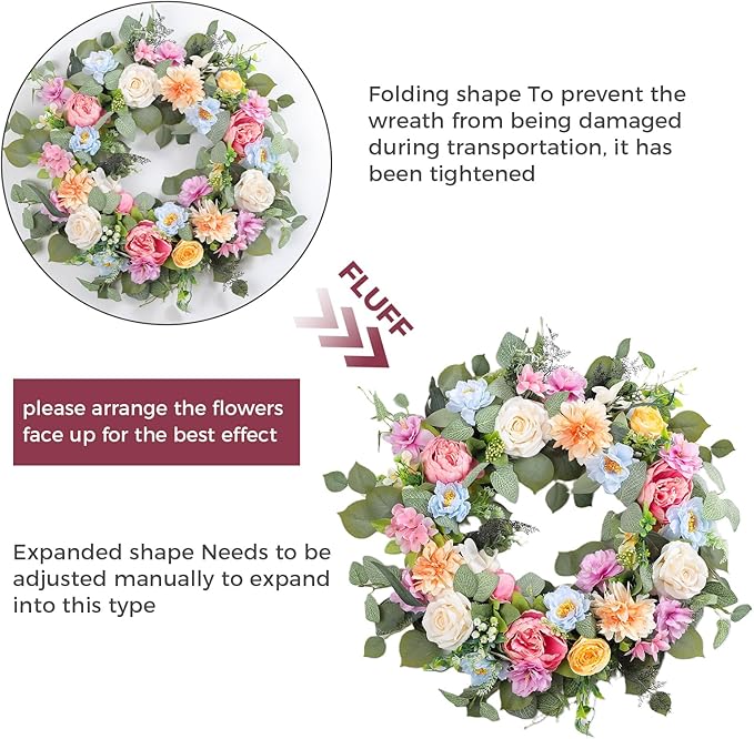 Spring Wreaths for Front Door,Summer Wreath with Peony Rose and Dahlia Flowers,24 Inch Floral Door Wreath for All Seasons Outside Outdoor Indoor Wall Wedding Holiday Home Decor