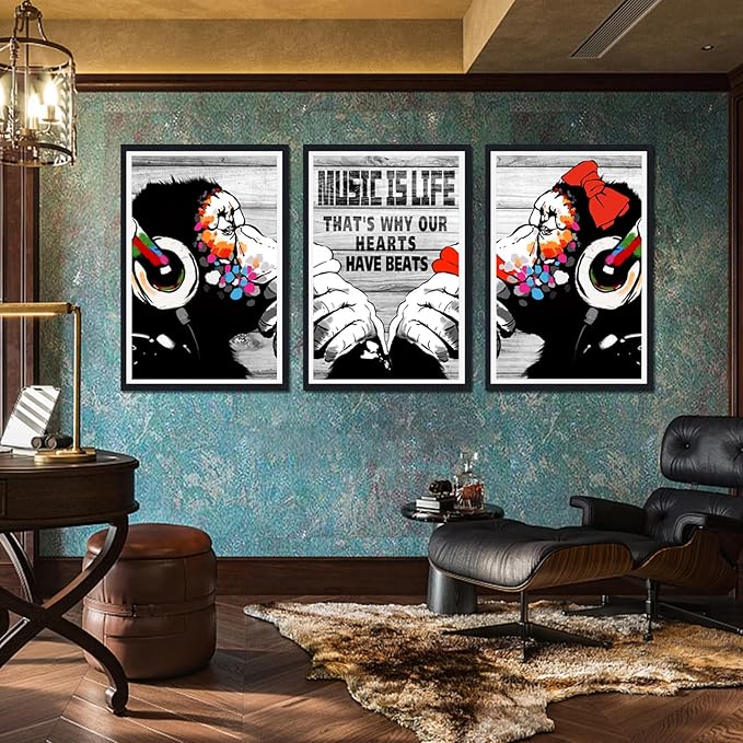 Novatique Street Graffiti Wall Art Banksy Art Wall Decor Monkey Poster With Headphones Prints Street Art Painting for Living Room Bedroom,24" x 36" x 3pcs