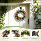 Solar Spring Wreath for Front Door Pre-lit Wreath 16inch 30LED Wreaths Spring Summer Decor for Outside Aftificial Spring Bloom Wreaths Colorful Home Decorations Wall Festival Decor