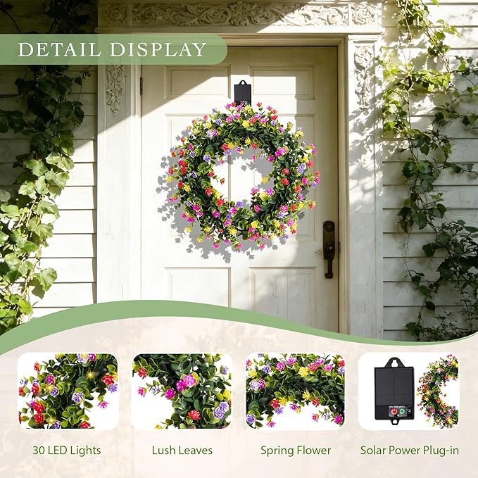Solar Spring Wreath for Front Door Pre-lit Wreath 16inch 30LED Wreaths Spring Summer Decor for Outside Aftificial Spring Bloom Wreaths Colorful Home Decorations Wall Festival Decor