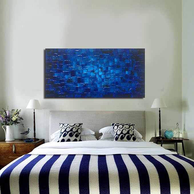 MyArton Textured Abstract Squares Canvas Wall Art Hand Painted Modern Dark Blue Oil Painting Picture for Home Decoration Ready to Hang 40x20inch