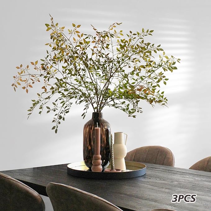 Fake Plants Eucalyptus Stems,Plastics Ficus Stems for Vase Artificial Plants,Greenery Stems for Vase Faux Plants Indoor,43.3" Faux Greenery Indoor Vase Fillers for Home Decor(3Pcs Orange)