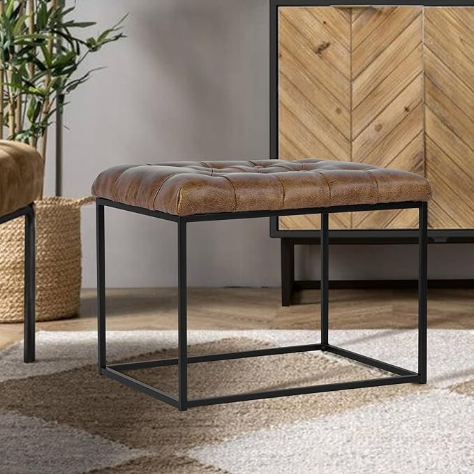 HomePop Home Decor | Upholstered Tufted Faux Leather Ottoman Bench| Ottoman Bench for Living Room & Bedroom | Decorative Home Furniture (Distressed Brown Faux Leather) Small