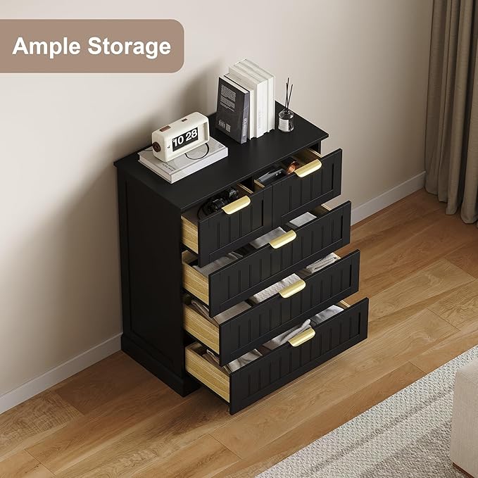 5 Wooden Drawer Dresser for Bedroom Storage, Modern Farmhouse Wood Chest of Drawers with Metal Handles, Wide Storage Cabinet for Closet, Living Room, or Entryway Black