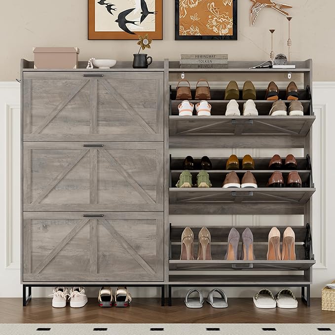 Shoe Cabinet with 3 Flip Drawers Narrow Shoe Storage Cabinet Organizer Wooden Freestanding Shoe Rack Hidden Slim Shoes Storage Cabinet for Entryway, Hallway, Living Room, Bedroom