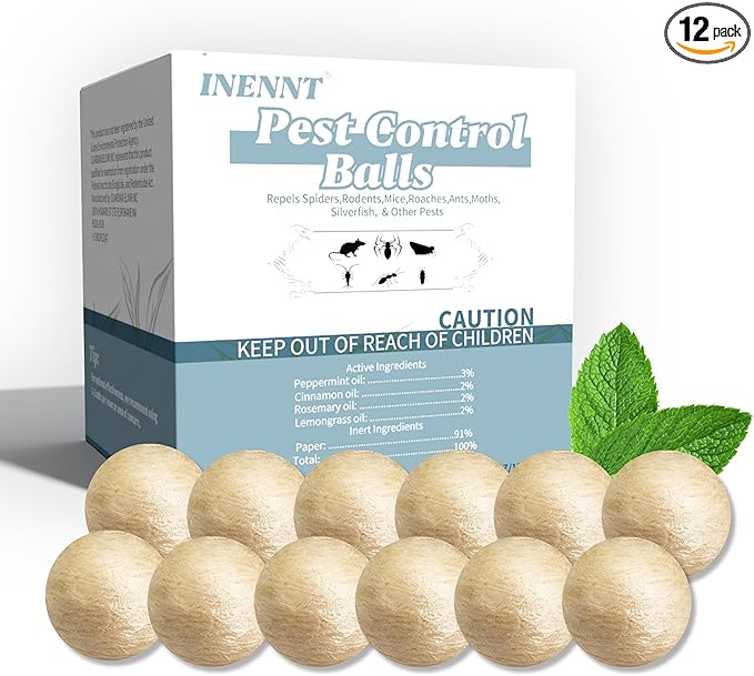 12 Pack Silverfish Repellent Balls Indoor,Long-Lasting Indoor Insect & Rodent Repellent for Spider, Ant, Cockroach, Mouse, Silverfish - Natural, Safe for Pets & Kids, Powerful Peppermint Oil Infused