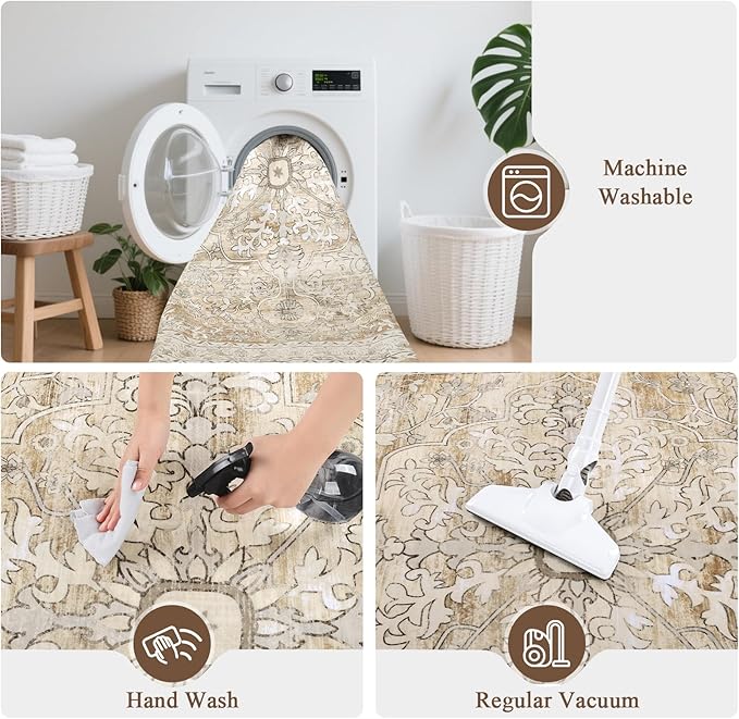 U'Artlines Boho Vintage Area Rug 5x7 Machine Washable Low Pile Soft Floor Carpet Non Slip Non Shedding Accent Rug for Living Room Bedroom Entryway Dining Room Office Cream Tan